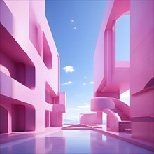 Pink toned minimalist architecture in 3d render against surreal backdrop, AI generated