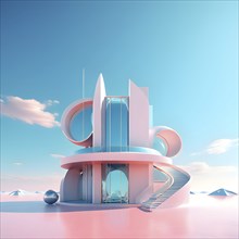 Pink toned minimalist architecture in 3d render against surreal backdrop, AI generated