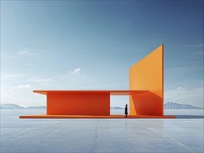 Orange toned minimalist architecture in 3d render against surreal backdrop, AI generated