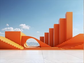 Orange toned minimalist architecture in 3d render against surreal backdrop, AI generated