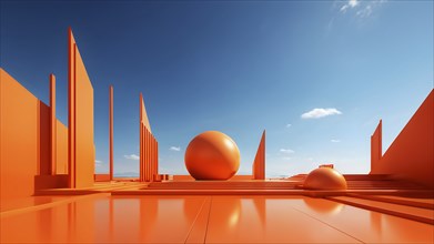 Orange toned minimalist architecture in 3d render against surreal backdrop, AI generated