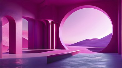 Magenta toned minimalist architecture in 3d render against surreal backdrop, AI generated