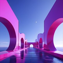 Magenta toned minimalist architecture in 3d render against surreal backdrop, AI generated