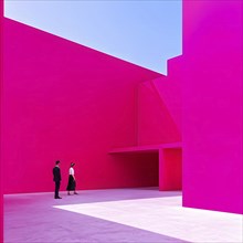 Magenta toned minimalist architecture in 3d render against surreal backdrop, AI generated