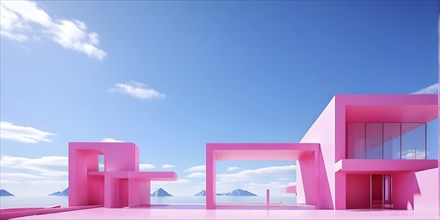 Magenta toned minimalist architecture in 3d render against surreal backdrop, AI generated