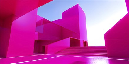 Magenta toned minimalist architecture in 3d render against surreal backdrop, AI generated