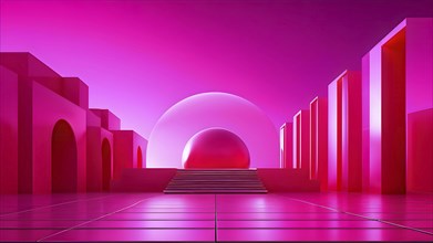 Magenta toned minimalist architecture in 3d render against surreal backdrop, AI generated