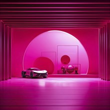 Magenta toned minimalist architecture in 3d render against surreal backdrop, AI generated