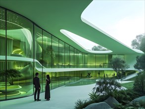 Green toned minimalist architecture in 3d render against surreal backdrop, AI generated