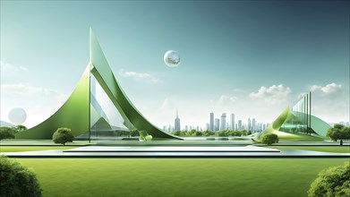 Green toned minimalist architecture in 3d render against surreal backdrop, AI generated