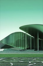 Green toned minimalist architecture in 3d render against surreal backdrop, AI generated