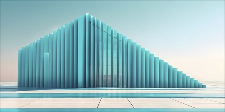 Cyan toned minimalist architecture in 3d render against surreal backdrop, AI generated