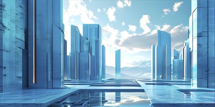 Cyan toned minimalist architecture in 3d render against surreal backdrop, AI generated