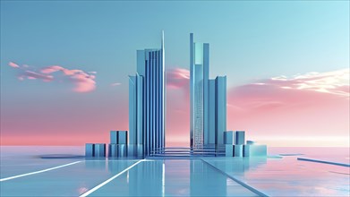 Cyan toned minimalist architecture in 3d render against surreal backdrop, AI generated