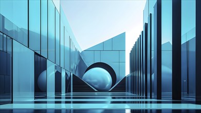 Cyan toned minimalist architecture in 3d render against surreal backdrop, AI generated