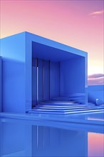 Blue toned minimalist architecture in 3d render against surreal backdrop, AI generated