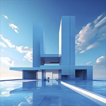 Blue toned minimalist architecture in 3d render against surreal backdrop, AI generated