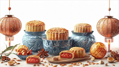 Blue vases with mooncakes and lanterns in an orange theme, representing traditional Chinese