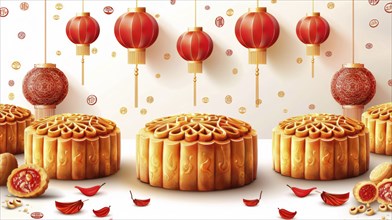 Large mooncakes and red lanterns depicted in an ornate and festive manner, celebrating the