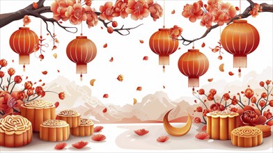 Floral branches adorned with lanterns and mooncakes in a serene and festive setting, reflecting