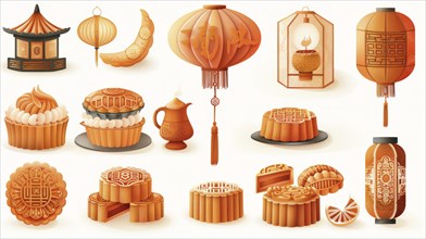 Various traditional Chinese mooncakes, tea, and lanterns depicted in a festive style with an orange