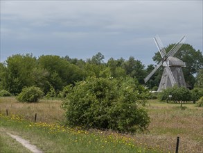 A windmill stands in the middle of a green landscape with trees and a dirt track under a cloudy