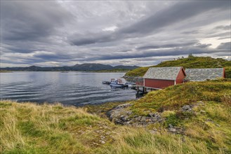 Boathouse on the Atlantic Road, cloudy mood, Atlanterhavsveien, More og Romsdal, Norway, Europe