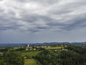 Thunderclouds over Frauenberg pilgrimage church, near Leibnitz, Styria, Austria, Europe