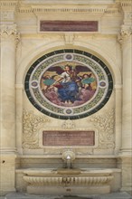 Fountain with monument and mural Fontaine Amédée Pichot built in 1885, arts and crafts, medallion,