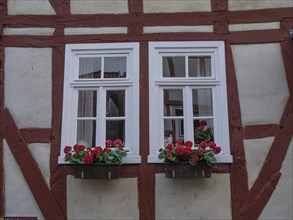 Two windows of a traditional half-timbered house with red geraniums on the windowsills, Waldeck,