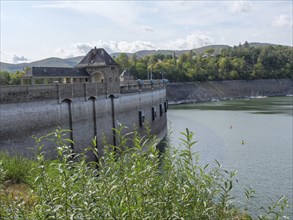 Stone wall of a dam, with plants in the foreground and wooded hill in the background, Waldeck,