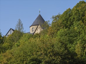 A medieval castle rises above green hills, partially hidden by trees, Waldeck, Hesse, Germany,