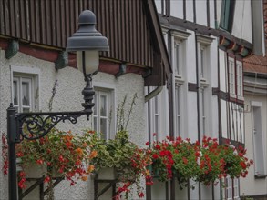 A historic half-timbered house with colourful flowers and a traditional street lamp, Werl, North