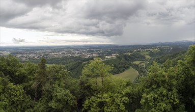 Thunderclouds over Leibnitz, view from the Kreuzkogel lookout point, panoramic photo, Kogelberg