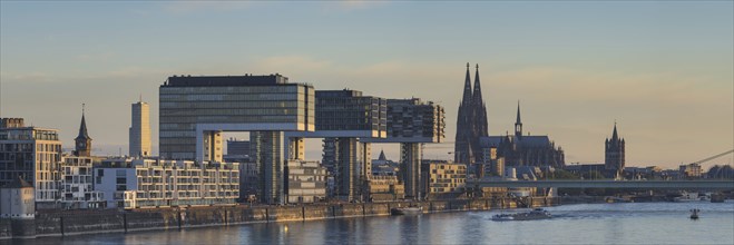 Panorama from the south bridge, Rheinau harbour with crane houses, cathedral and Severinsbrücke,