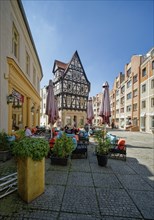 Chocolate shop in a historic half-timbered house and new buildings, prefabricated buildings, Halle