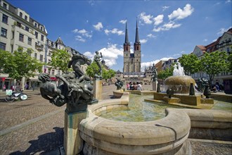 Gobel Fountain by sculptor Bernd Gobel and Marktkirche Unser Lieben Frauen, Hallmarkt, Halle an der