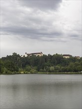 Thunderclouds over the Sulmsee, on a hill Seggau Castle, near Leibnitz, Styria, Austria, Europe