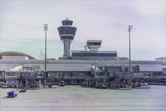 Munich international airport control tower and terminal modern buildings