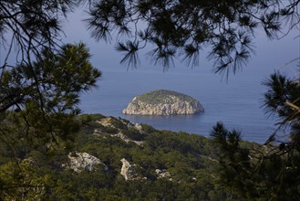 View through the pine trees to a rocky island in the sea, near the village of Monolithos, Rhodes,