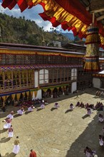 Monks rehearsing the dance of demons in the Lord of Death at Tsechu festival in the Trongsa Dzong