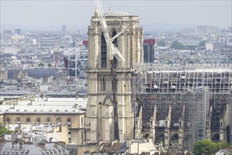 City view, View from the Panthéon to the scaffolded Notre Dame, Reconstruction after the fire,