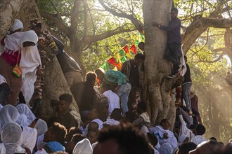 People gathering at Timkat festival at Fasilides Bath in Gondar, Ethiopia, Africa