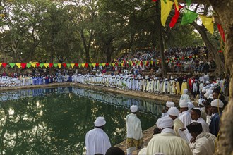 People gathering at Timkat festival at Fasilides Bath in Gondar, Ethiopia, Africa