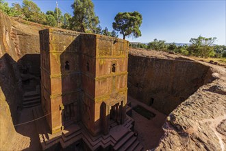 Church of Saint George or Bet Giyorgis in Amharic in the shape of a cross. The churches of Lalibela