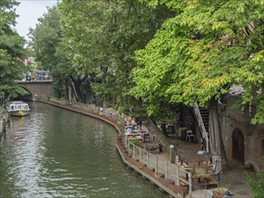 Lively canal with bustling riverside cafés and shady trees, utrecht, Netherlands