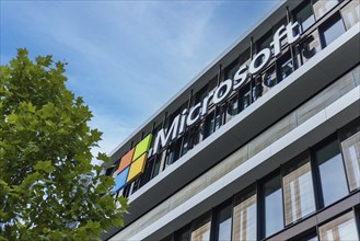 Microsoft logo at the company office building located in Munich, Germany, Europe