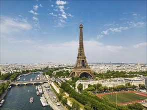 Panoramic view above historical Parisian buildings and landmarks