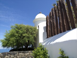 White domed tower and wooden fence with green plants under a blue sky, Puerto de la cruz, tenerife,