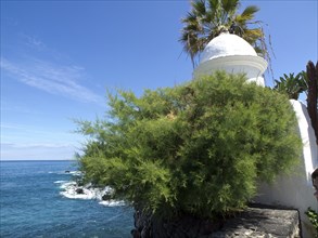 White domed tower surrounded by green plants with sea view on a sunny day, Puerto de la cruz,